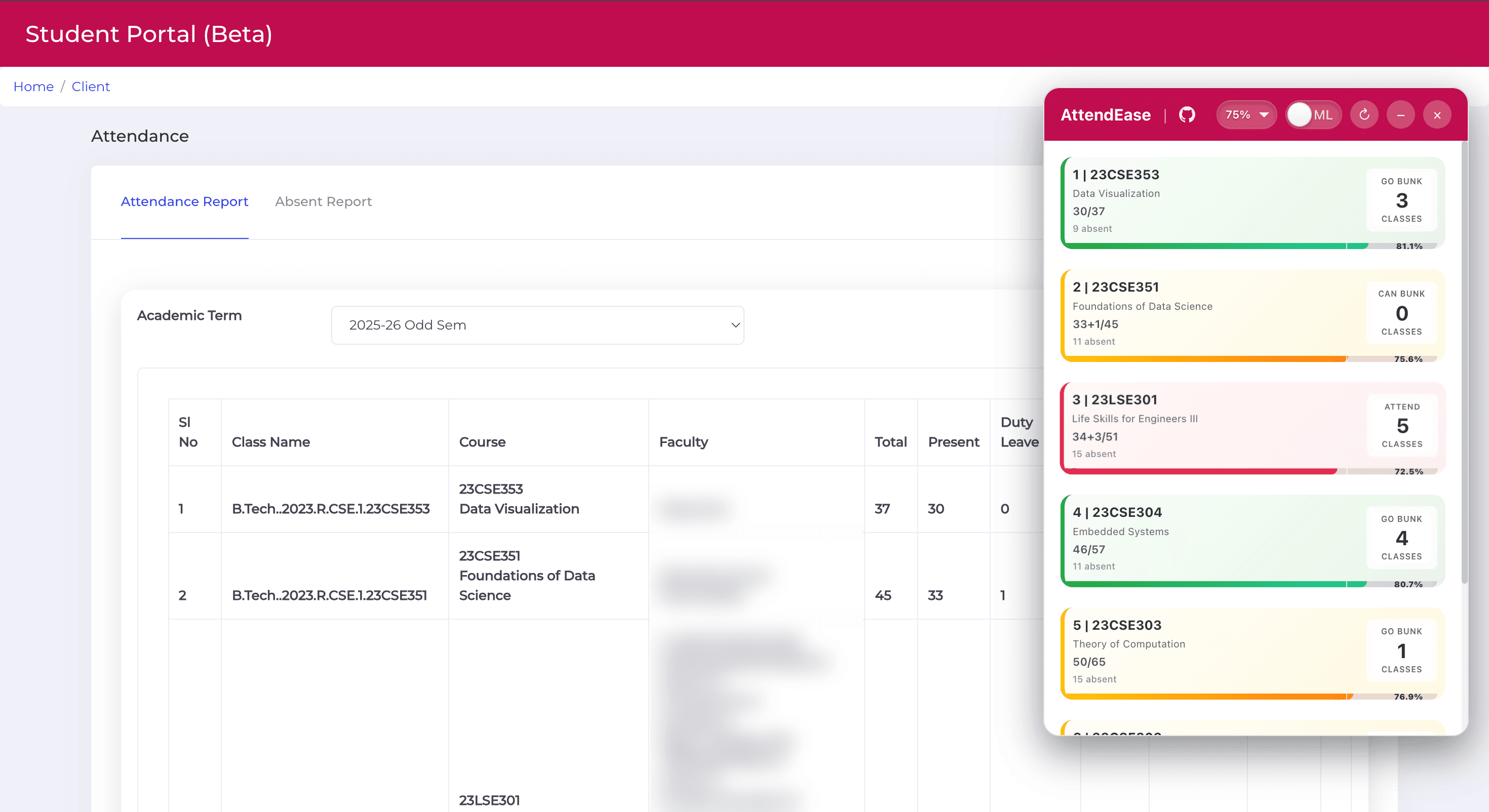 AttendEase widget over the student portal, showing how many classes can be skipped per course
