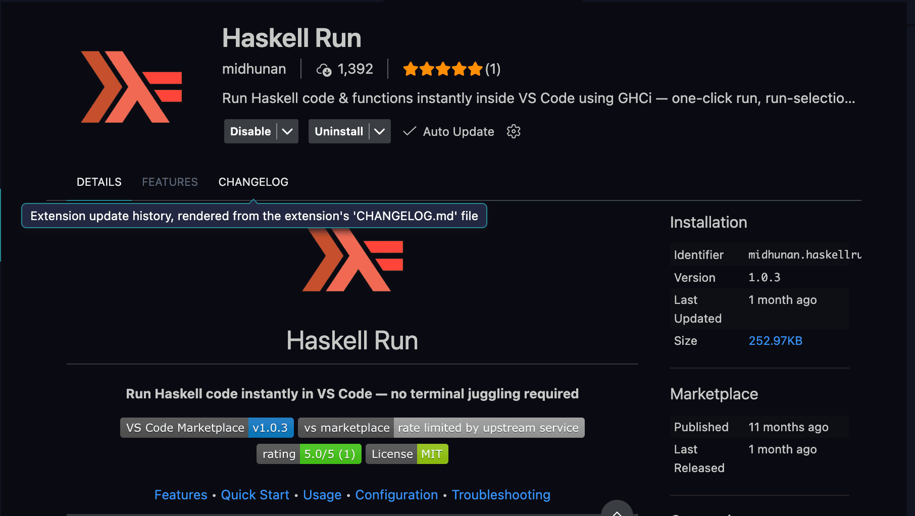 Haskell Run listing in the VS Code extensions panel