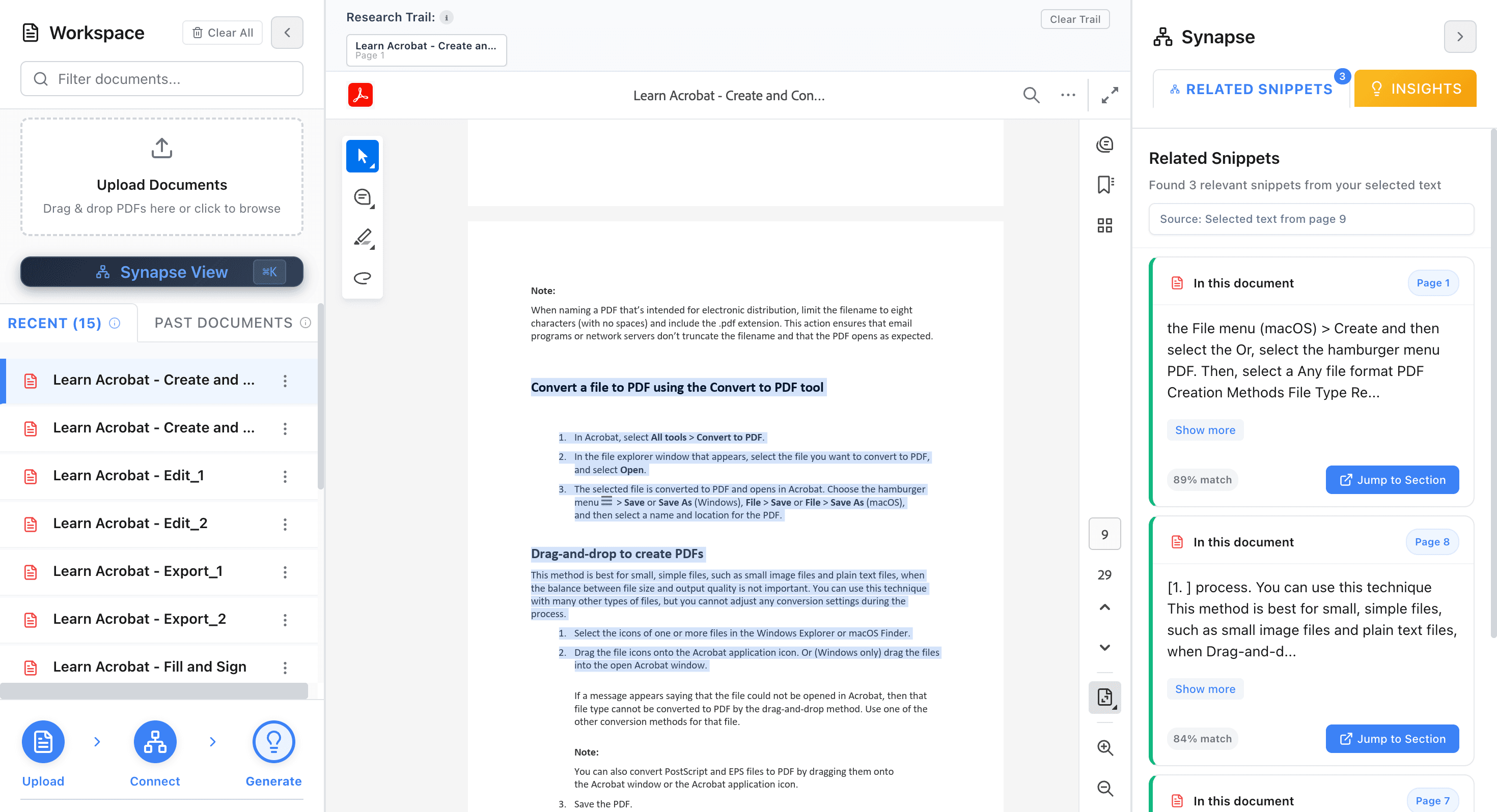 Synapse-Docs workspace showing a PDF with related snippets from other documents